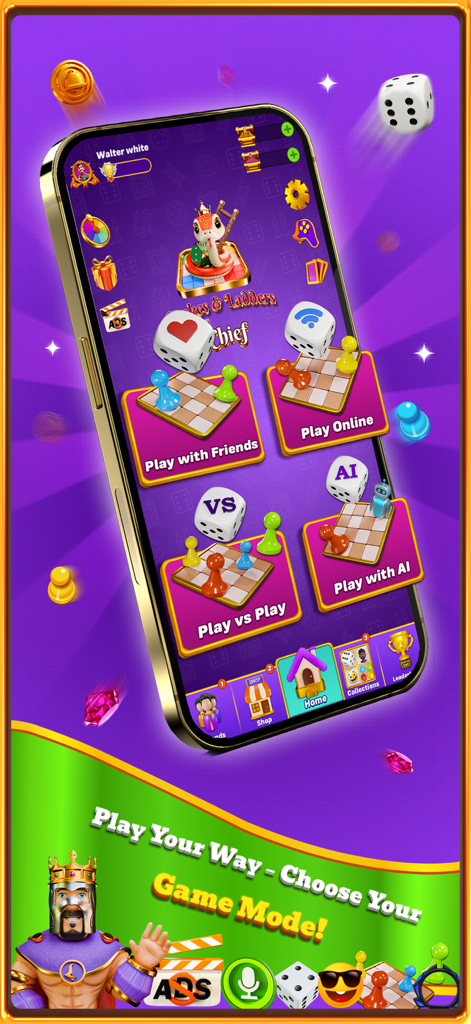 Snakes and Ladders Chief game menu showing multiple play modes including online and with friends