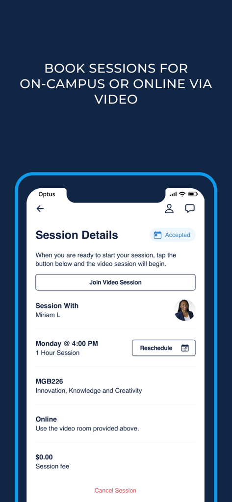 Vygo - A mobile screen from the Vygo app displaying session details for an online student mentorship meeting with a button to join the video session.