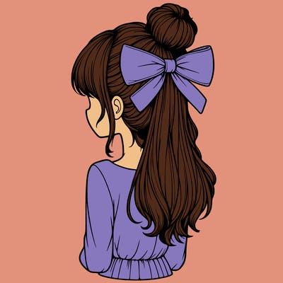 realistic girl  with hip length hair a bun and a big bow on the back of head