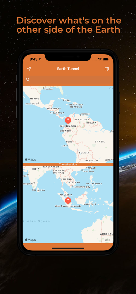 Earth Tunnel - Earth Tunnel app interface showing a split screen map comparing two opposite locations on Earth