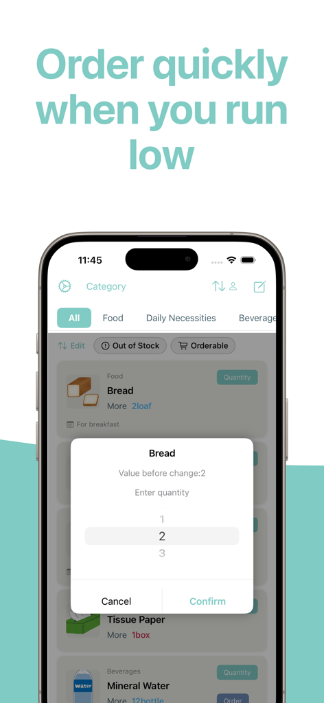 Stockn (inventory management) - Interfaz de la aplicación Stockn que muestra una herramienta de ajuste de cantidad para artículos del hogar para gestionar los niveles de inventario