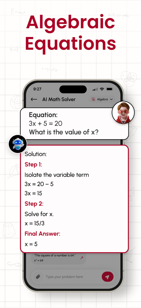 Math AI - Solve Math Problems - Interfaz de la aplicación Math AI que muestra una solución paso a paso para una ecuación algebraica