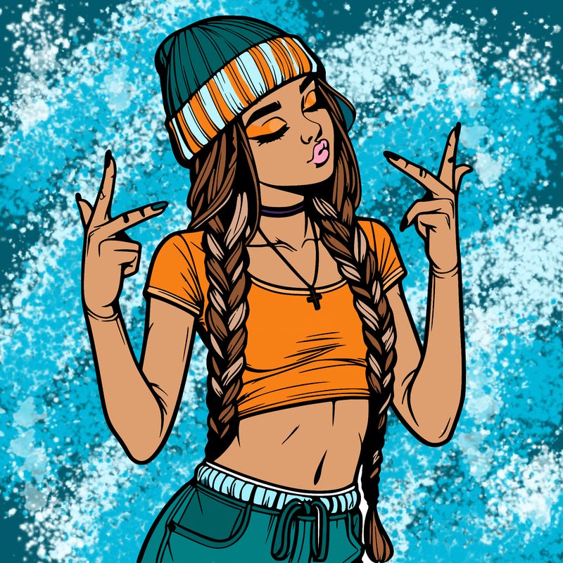 realistic teenage girl with braids and a beanie and crop top doing 🫶🏼