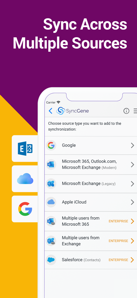 SyncGene app screen showing options to sync accounts from Google, Microsoft 365, iCloud, and Salesforce.