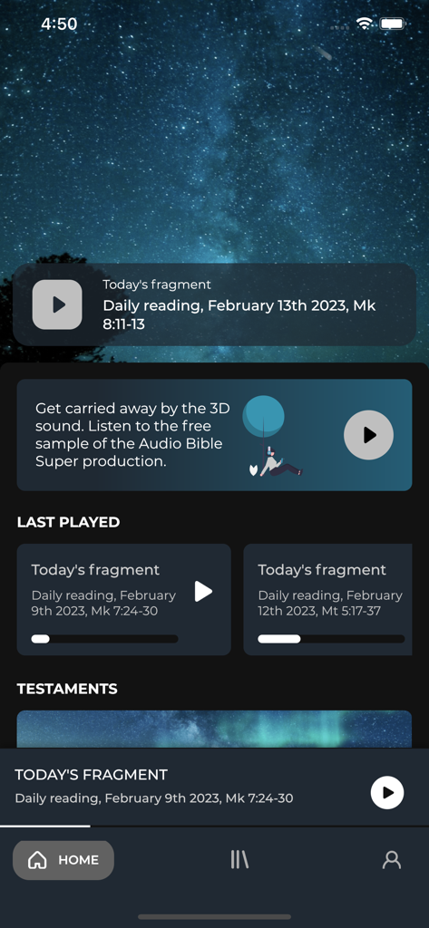The AudioBible Superproduction - Home screen of The AudioBible Superproduction app featuring daily bible readings and a 3D audio player set against a starry background.