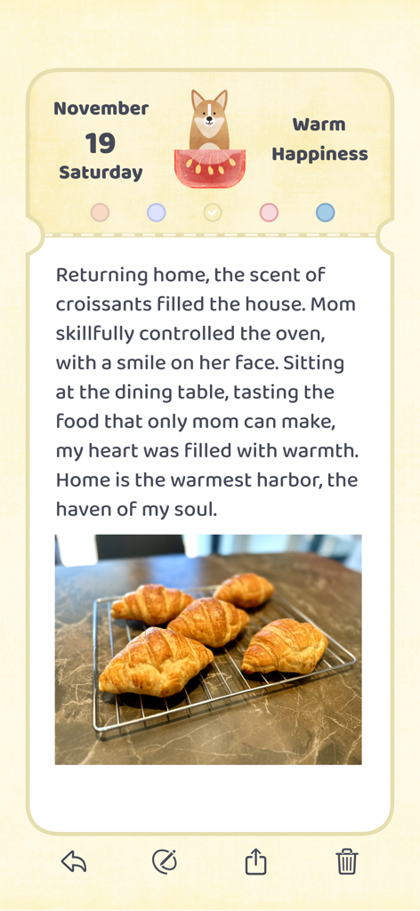 mooding - diary, mood & notes - A digital ticket journal entry with a photo of croissants and a cute dog icon for warm happiness mood