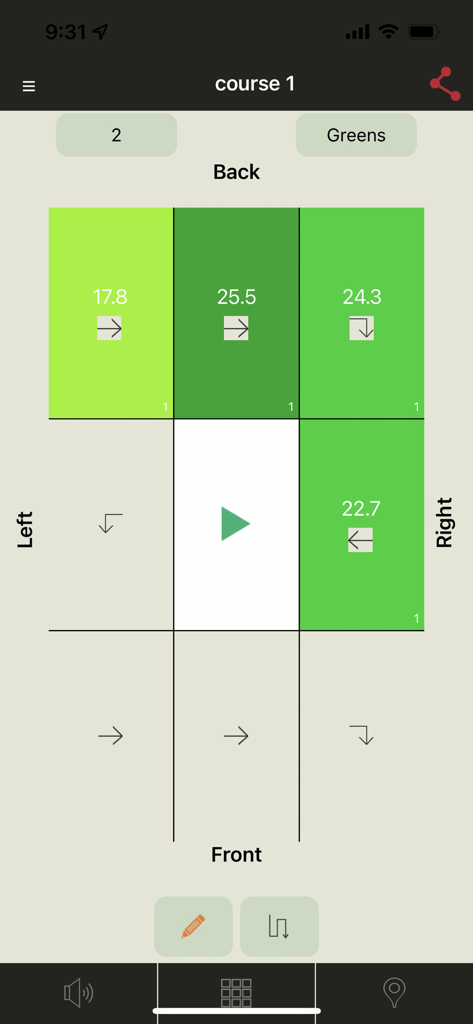 Interfaz de la aplicación FieldScout Mobile que muestra una cuadrícula codificada por colores de lecturas de humedad del suelo para un green de campo de golf