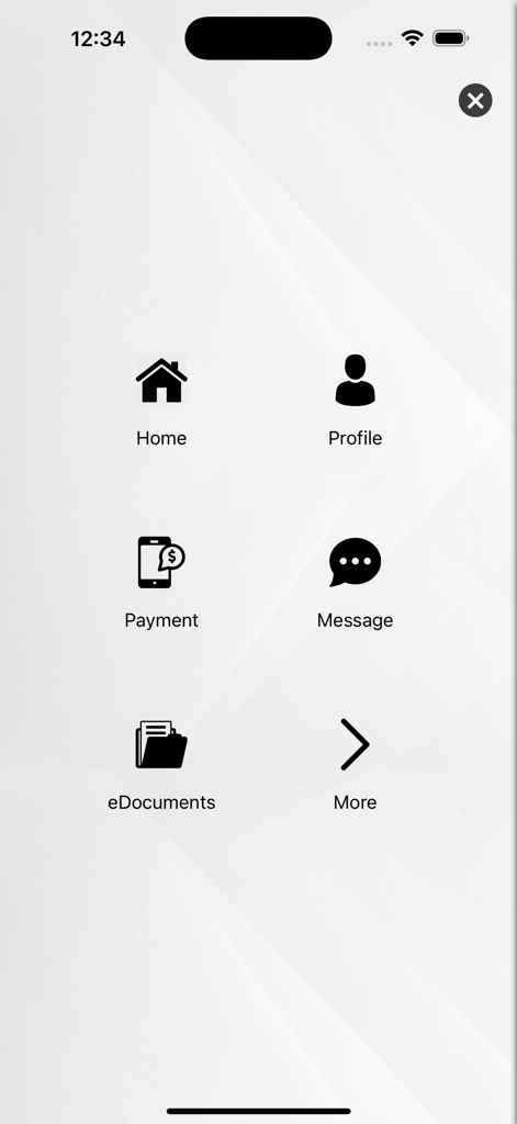 SATA Public - Navigation menu of the SATA Public healthcare app featuring icons for Home Profile Payment Message eDocuments and More
