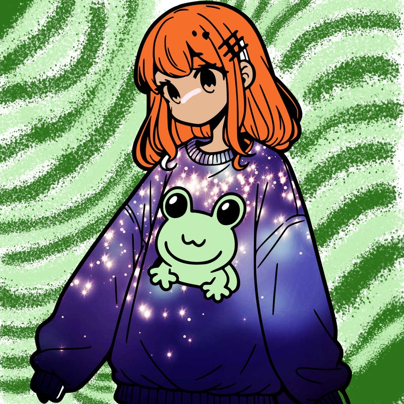 girl wearing frogging sweatshirt