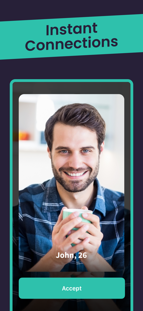 Livejoy - A screenshot of the Livejoy app displaying a potential video chat match with a user named John and an accept button
