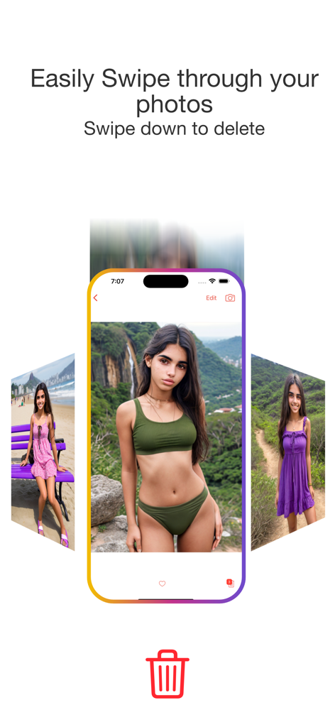 Interfaz de la aplicación PhotoBot que muestra la función de deslizar hacia abajo para eliminar para organizar fotos.