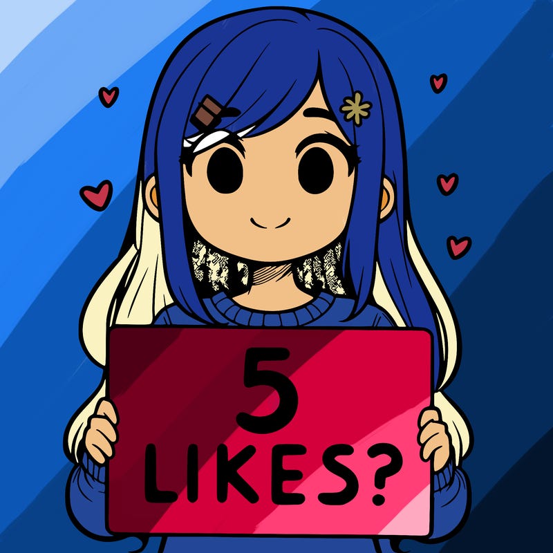 girl holding a sign that says 5 likes?