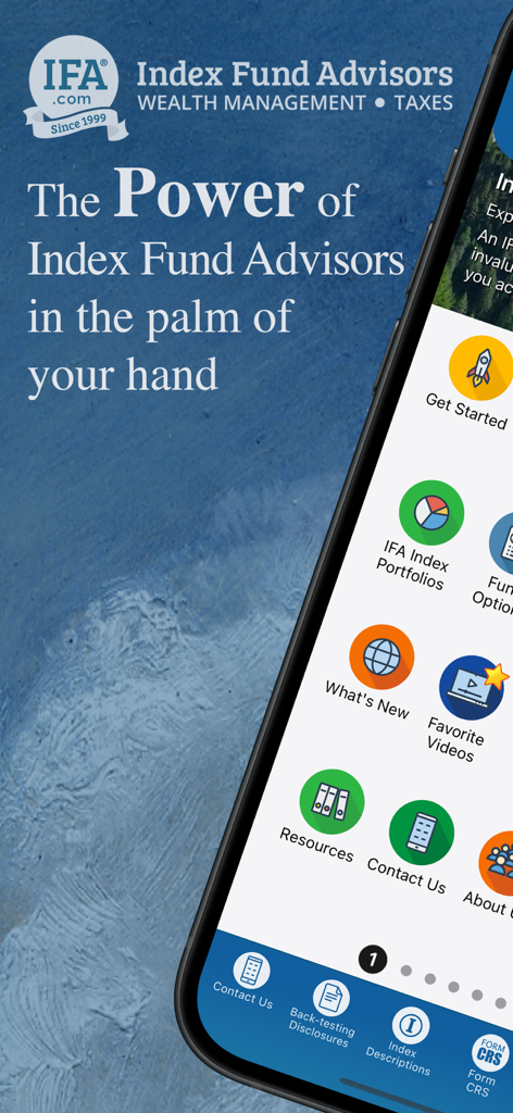 Index Fund Advisors - Index Fund Advisors app home screen with wealth management tools and educational resources