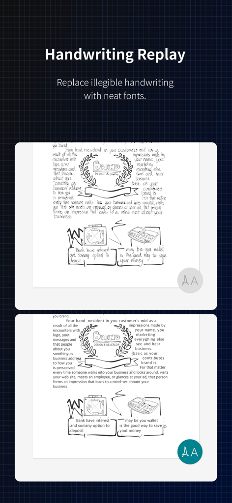Neo Studio 2 - A comparison showing handwritten notes and sketches being converted into neat digital fonts using the Neo Studio 2 app.