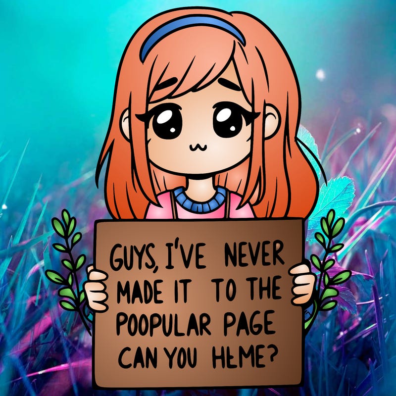 a girl holding up a sign that says, guys, i’ve never made it to the popular page, can you help me?