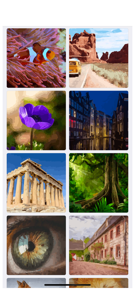 Oil Painting - Color By Number - A grid of various oil painting style templates for coloring by number including landscapes and nature.