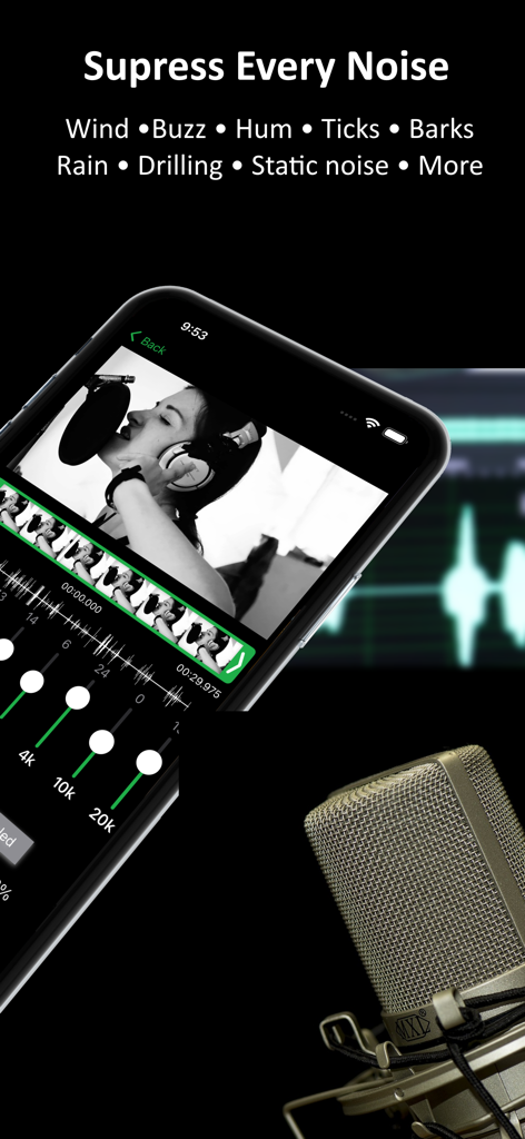 ByeNoise - Video Audio Editor - Interfaz de la aplicación ByeNoise mostrando supresión de ruido de fondo y herramientas de edición de audio y video