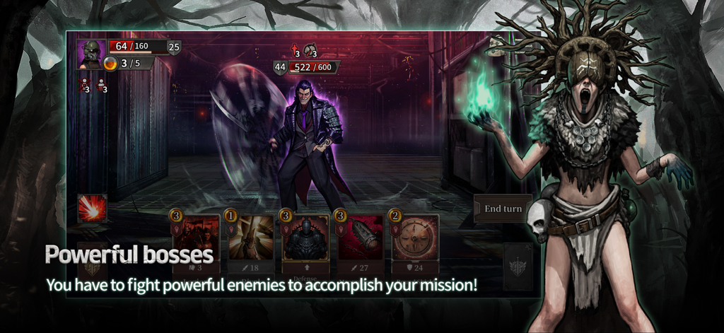 A strategic deckbuilding card battle against a powerful boss in a post-apocalyptic setting.