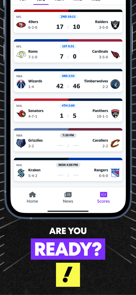 A screenshot of the Yahoo Fantasy Sports app displaying real-time scores for NFL, NBA, and NHL matchups.
