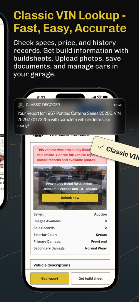 Mobile app interface displaying a detailed vehicle history report for a classic 1967 Pontiac Catalina including specs and auction status