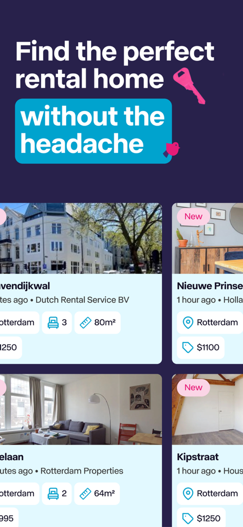 Rentbird - Find rental houses - Rentbird app interface showing apartment listings in Rotterdam with prices and details