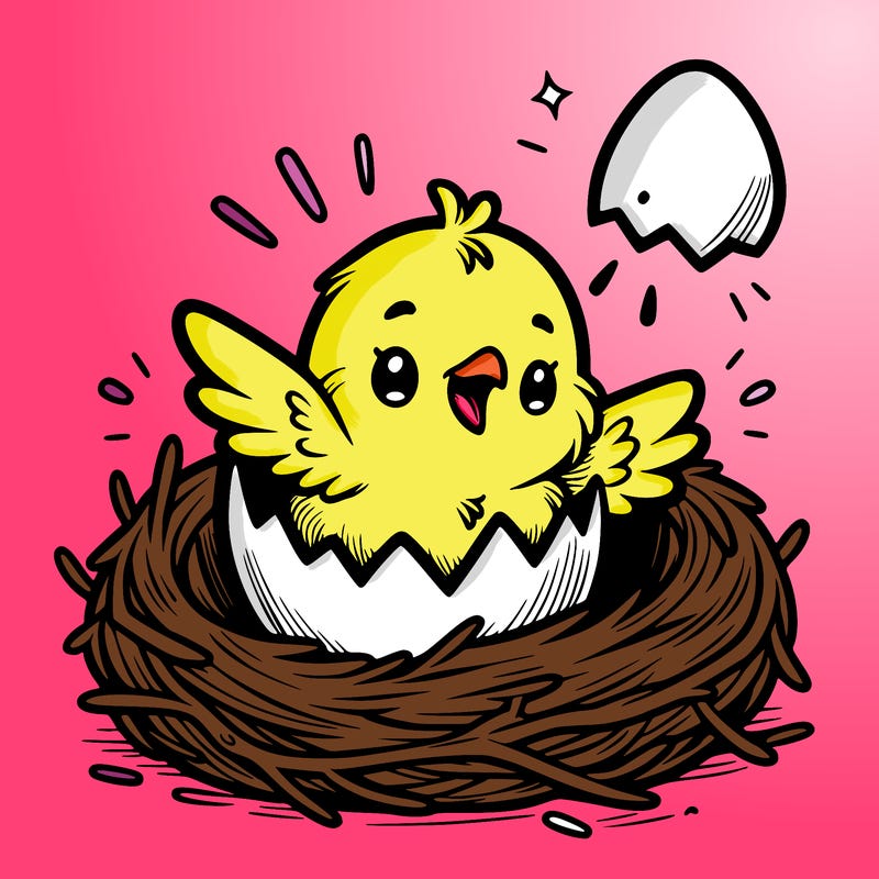 a baby chick hatching from an egg in a nest