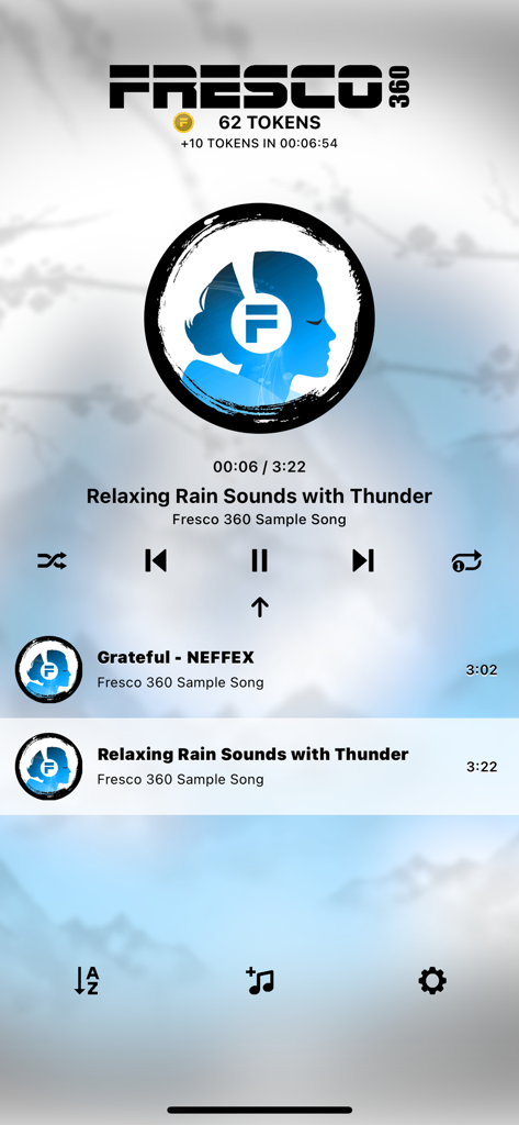 Fresco 360 - 8D Music Player - Fresco 360 app interface showing 8D music player with relaxing rain sounds playback.