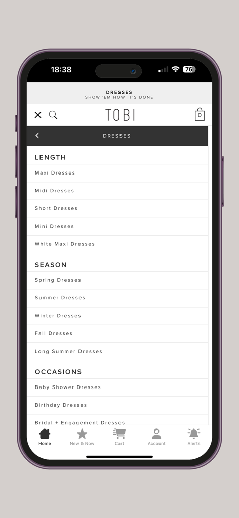 Tobi - Screenshot of the Tobi mobile app menu showing dress categories filtered by length, season, and occasion.