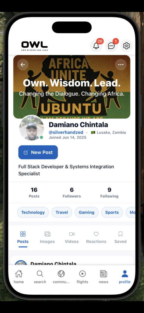 OWL Platform - Uma página de perfil de usuário no aplicativo móvel Plataforma OWL mostrando informações profissionais e marca africana.