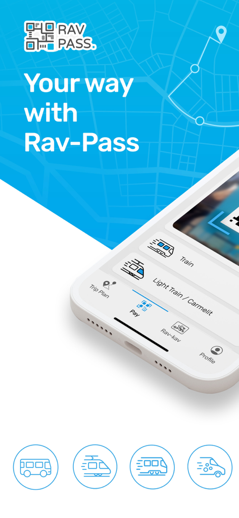 HopOn Rav-Pass הופאון רב-פס - L'application HopOn Rav-Pass affiche les options de paiement des transports publics en Israël sur l'écran d'un smartphone.