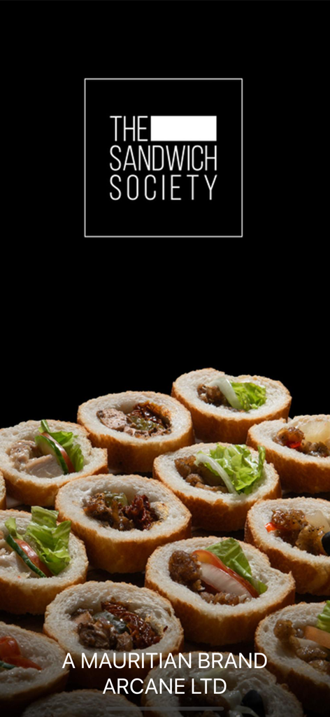 The Sandwich Society - The Sandwich Society app splash screen featuring gourmet filled baguette bites and the official logo.