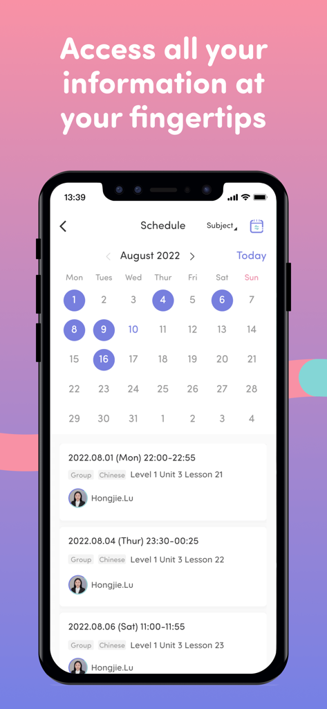 LingoAce Connect - LingoAce Connect app interface showing a monthly class schedule and lesson details for parents