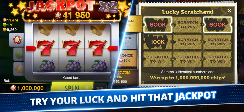 Poker Royale: Holdem, Omaha - A screenshot of the Poker Royale app showing a slot machine and lucky scratchers mini games with a jackpot announcement
