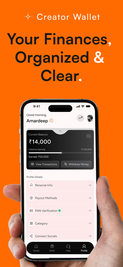 Viral Pitch - Carteira do Criador do aplicativo Viral Pitch exibindo ganhos de influenciadores e opções de pagamento em uma tela de smartphone