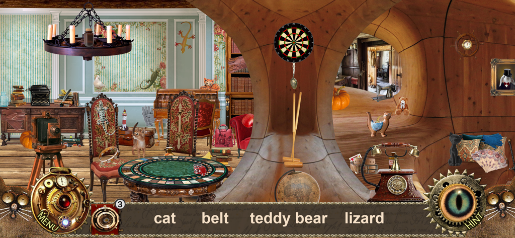 Ein skurriles Zimmer in einem Wimmelbildspiel mit zu findenden Gegenständen wie einer Katze und einem Teddybären.