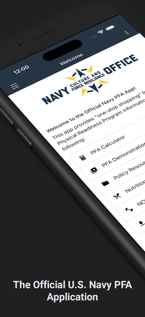 Official Navy PFA - The welcome screen of the Official US Navy PFA mobile application showing the main menu with PFA calculator and policy resources