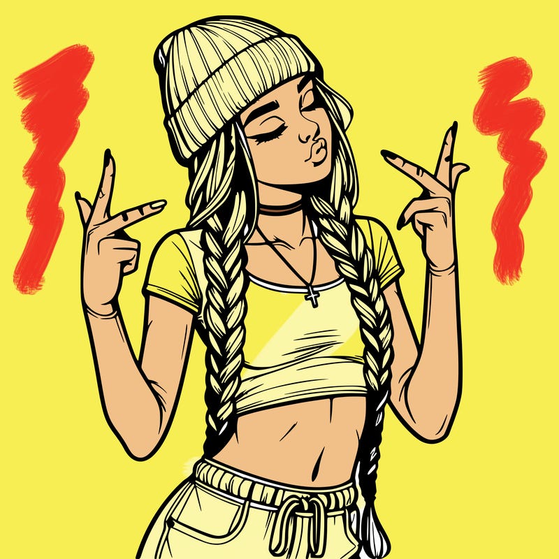 realistic teenage girl with braids and a beanie and crop top doing 🫶🏼