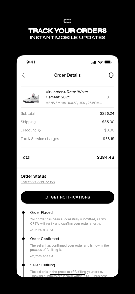 A mobile interface for the KICKS CREW app showing the order details and tracking status for a pair of Air Jordan sneakers.