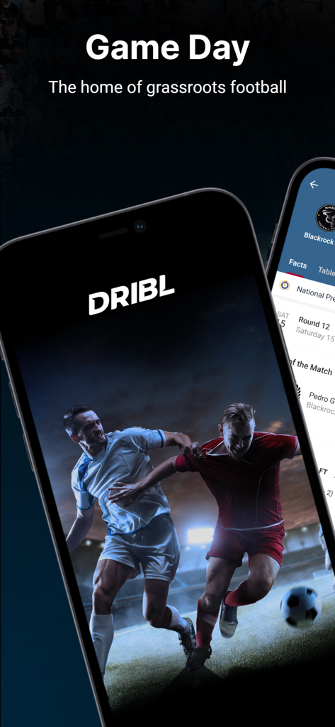 Dribl - Smartphone displaying the Dribl app home screen with soccer players and Game Day text