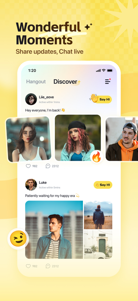 Wefun - Chat, Party and Game - Discover screen of Wefun app featuring user social updates and photos