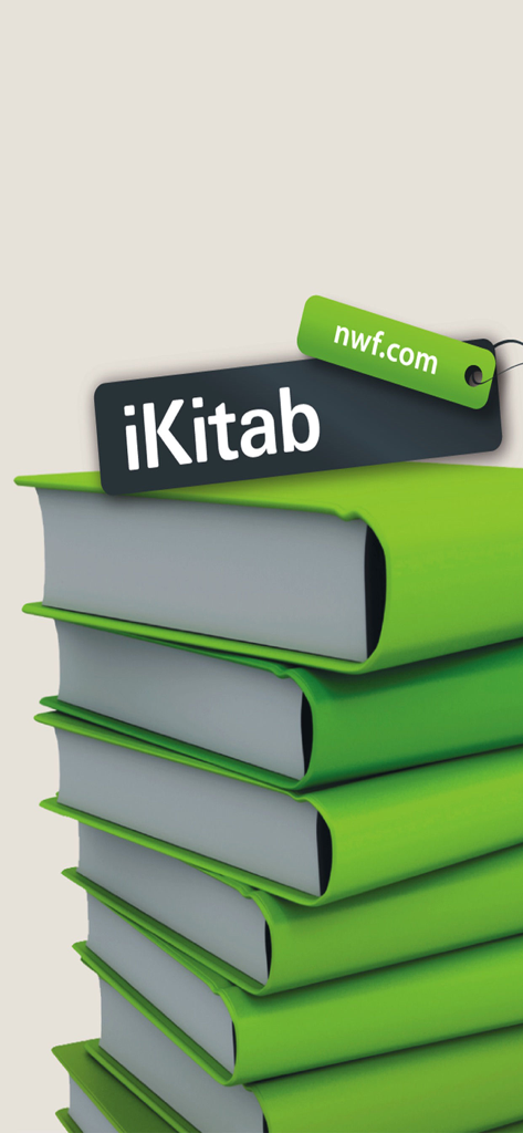iKitab - iKitab 앱 로고와 녹색 책 더미, nwf.com 브랜드 태그