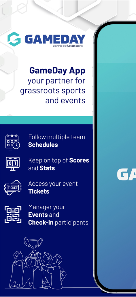 GameDay App - GameDay App promotional screen showing features for schedules, scores, stats, and event management