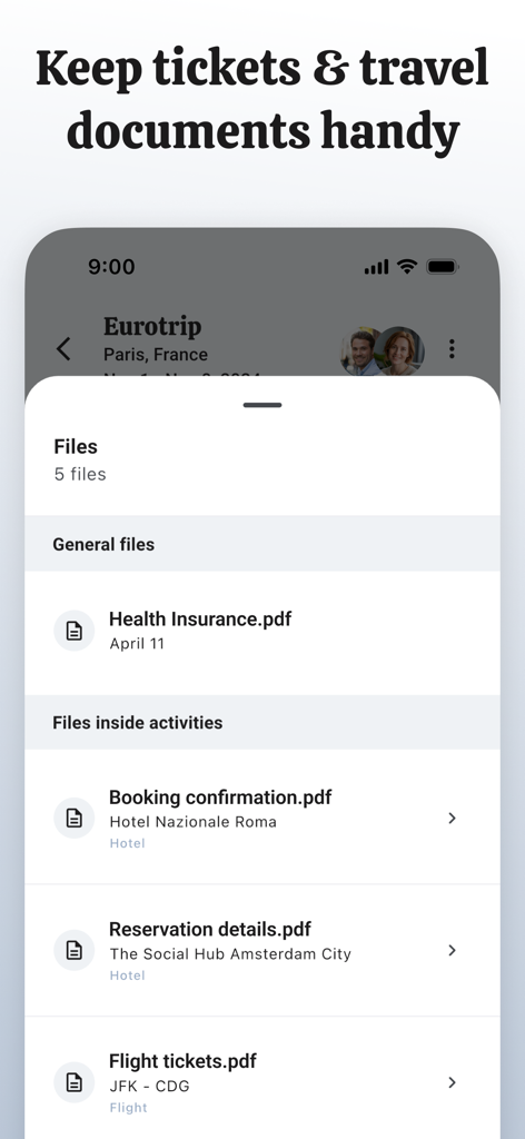TripZen - Travel Planner - TripZen app screen displaying a list of uploaded travel documents including tickets and insurance