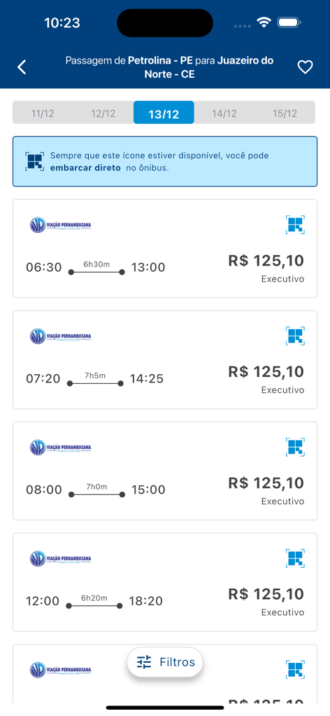 Viação Pernambucana - Viacao Pernambucana app displaying bus schedules and executive class ticket prices