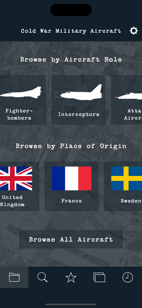 Cold War Military Aircraft - Main menu of the Cold War Military Aircraft app showing options to browse by aircraft role and country of origin