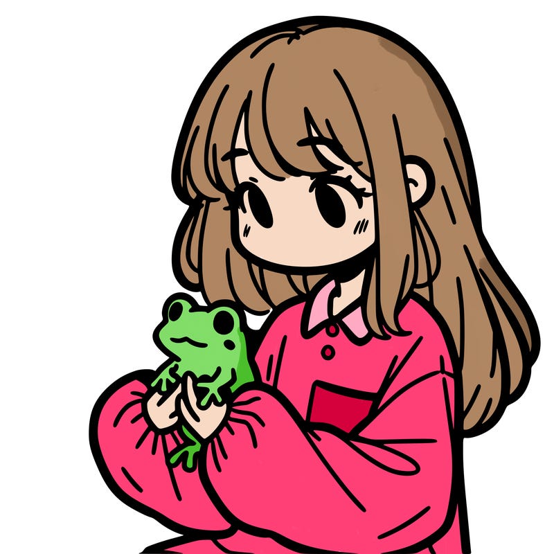 girl with long hair and a oversized shirt. and she is holding a frog