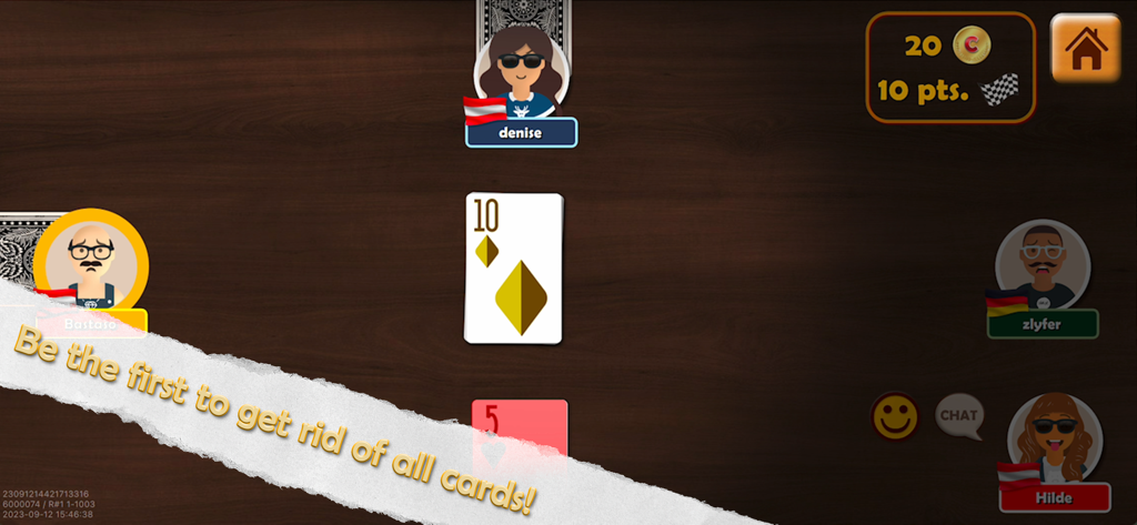 Juego en línea del juego de cartas Presidente que muestra a cuatro jugadores en una mesa virtual.