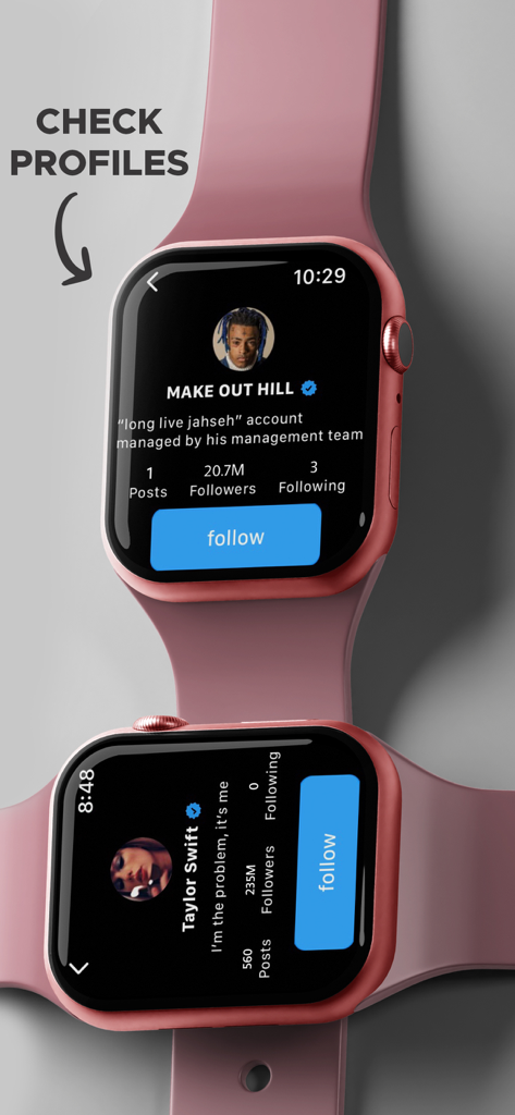 Watchy: use with Instagram - Two Apple Watches displaying Instagram user profiles for Taylor Swift and Make Out Hill using the Watchy app