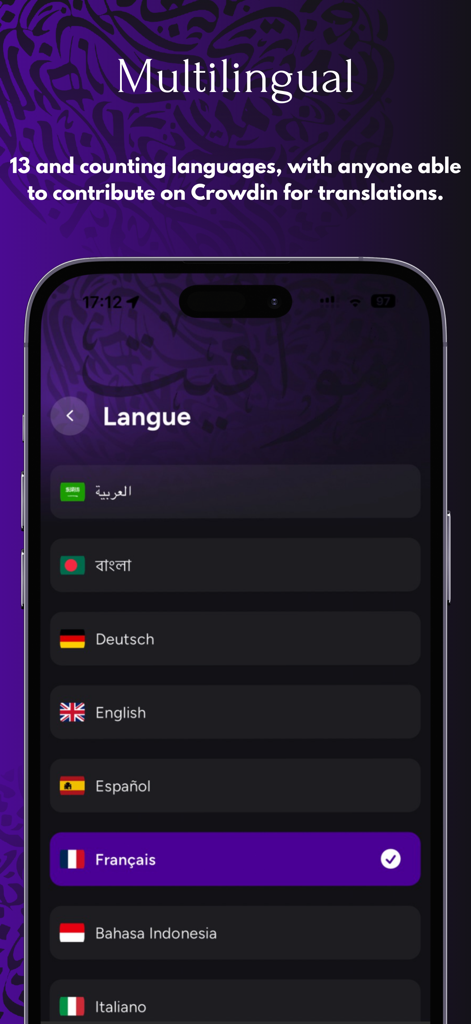 Language selection screen in the MAWAQIT app showing support for multiple languages including Arabic English and French