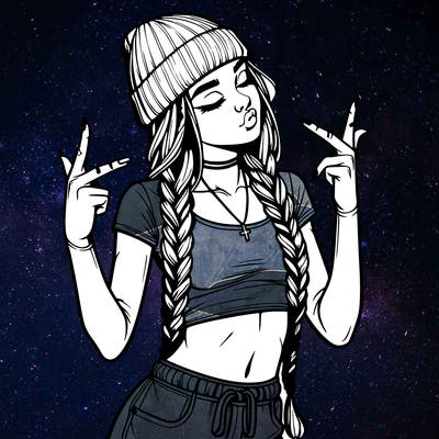 realistic teenage girl with braids and a beanie and crop top doing 🫶🏼